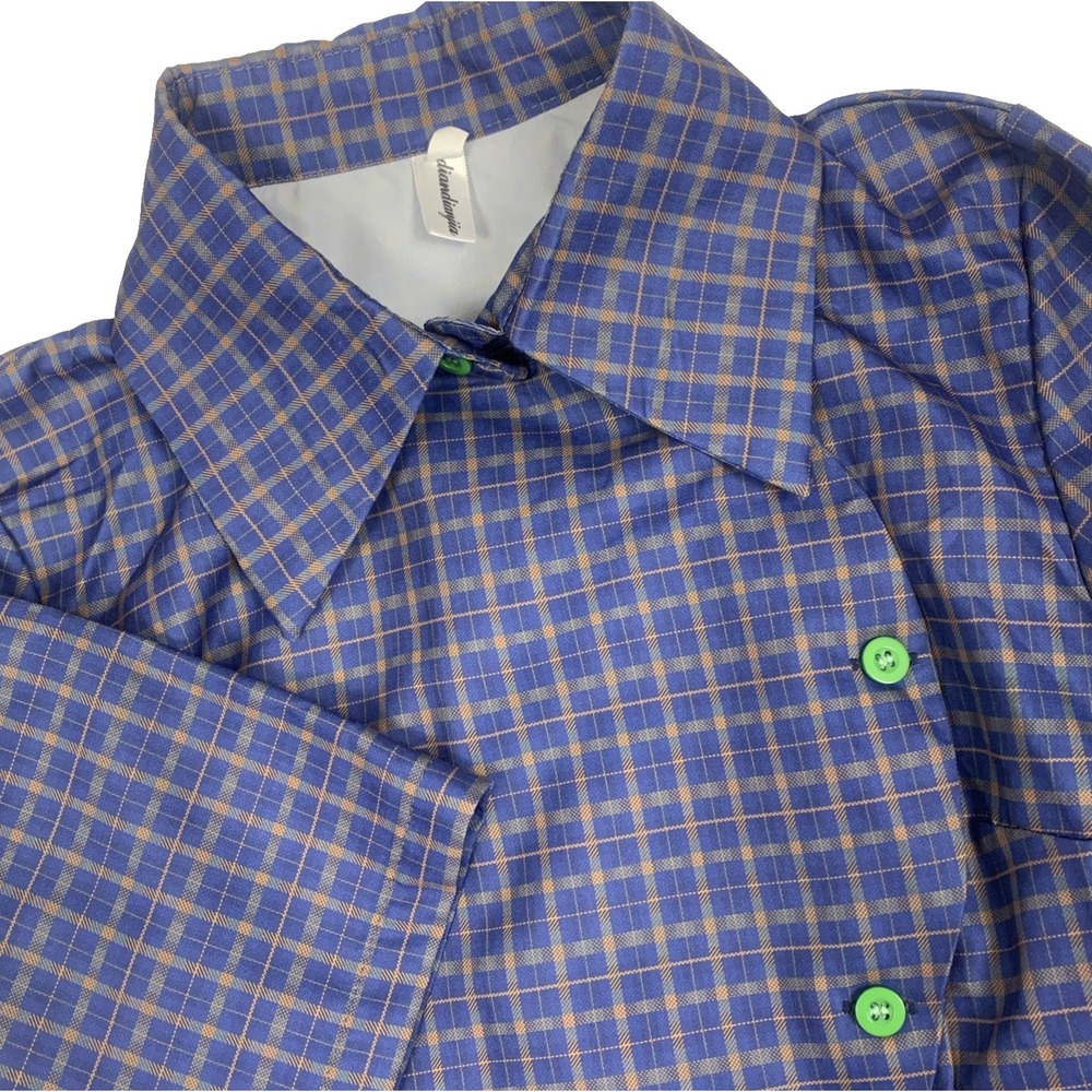 Diandianjia Y2K Plaid Short Sleeve Button Down Shirt Size 1 Blue Grunge